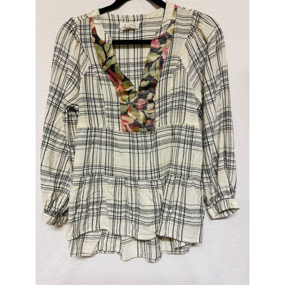 Anthropologie Women tunic top checkered plaid white long sleeve XS Floral V-neck